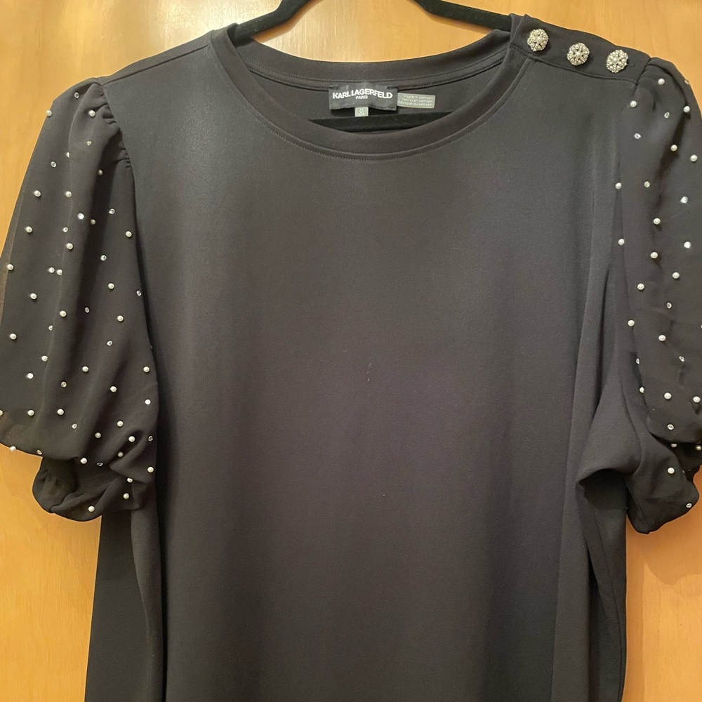 Karl Lagerfeld Black Top with Pearl Accents